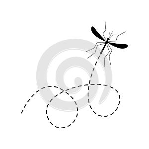 Mosquito icon. Mosquitoes flying on a dotted route.